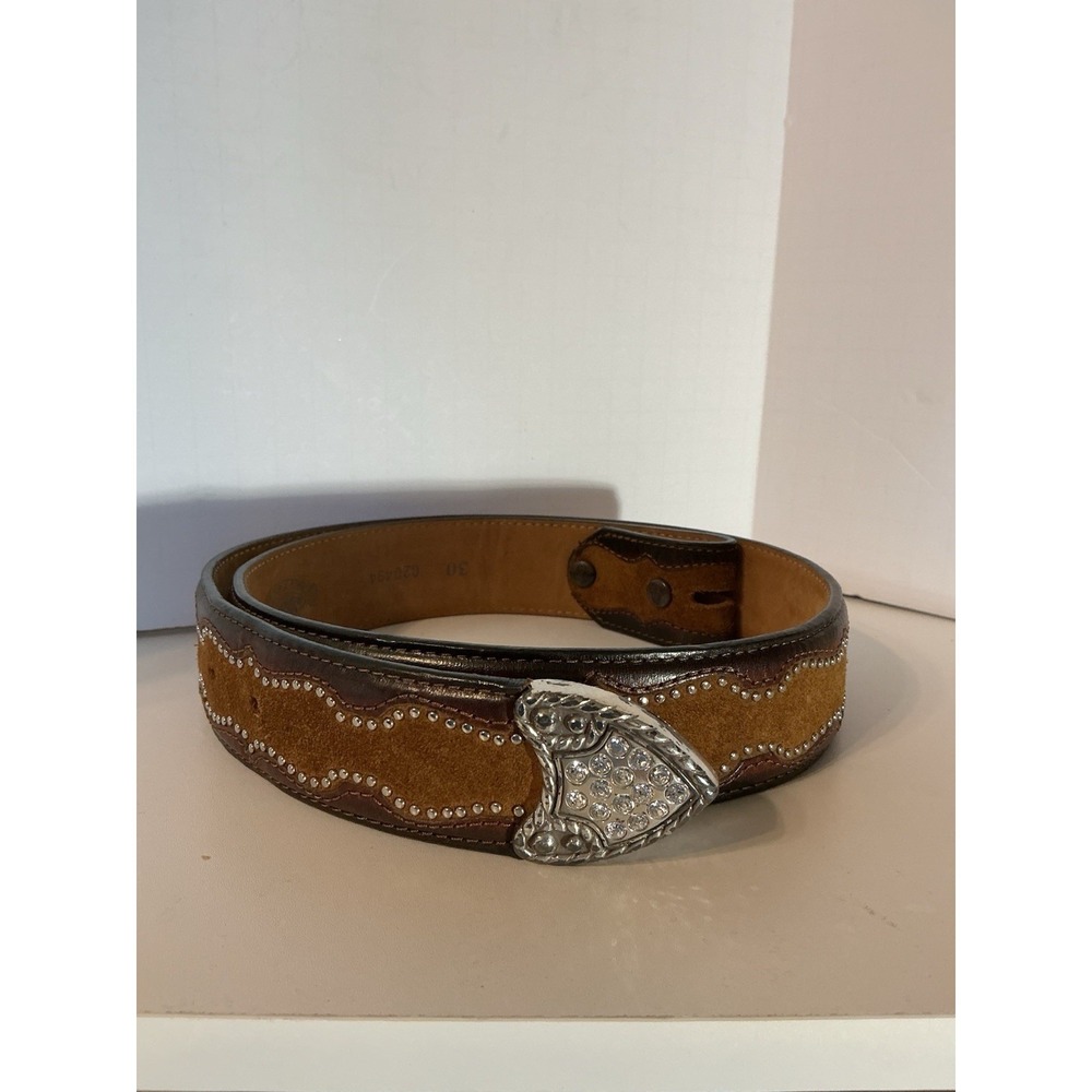 Vtg Justin Top‎ Grain Leather & Suede Belt Blank Sz 30 Crystals On Belt Tip